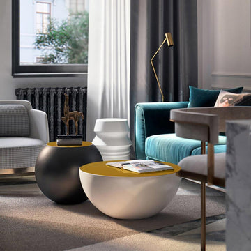 Modern Black & White Bowl-Shaped & Drum Shaped Coffe Table Set with Round Brown Top